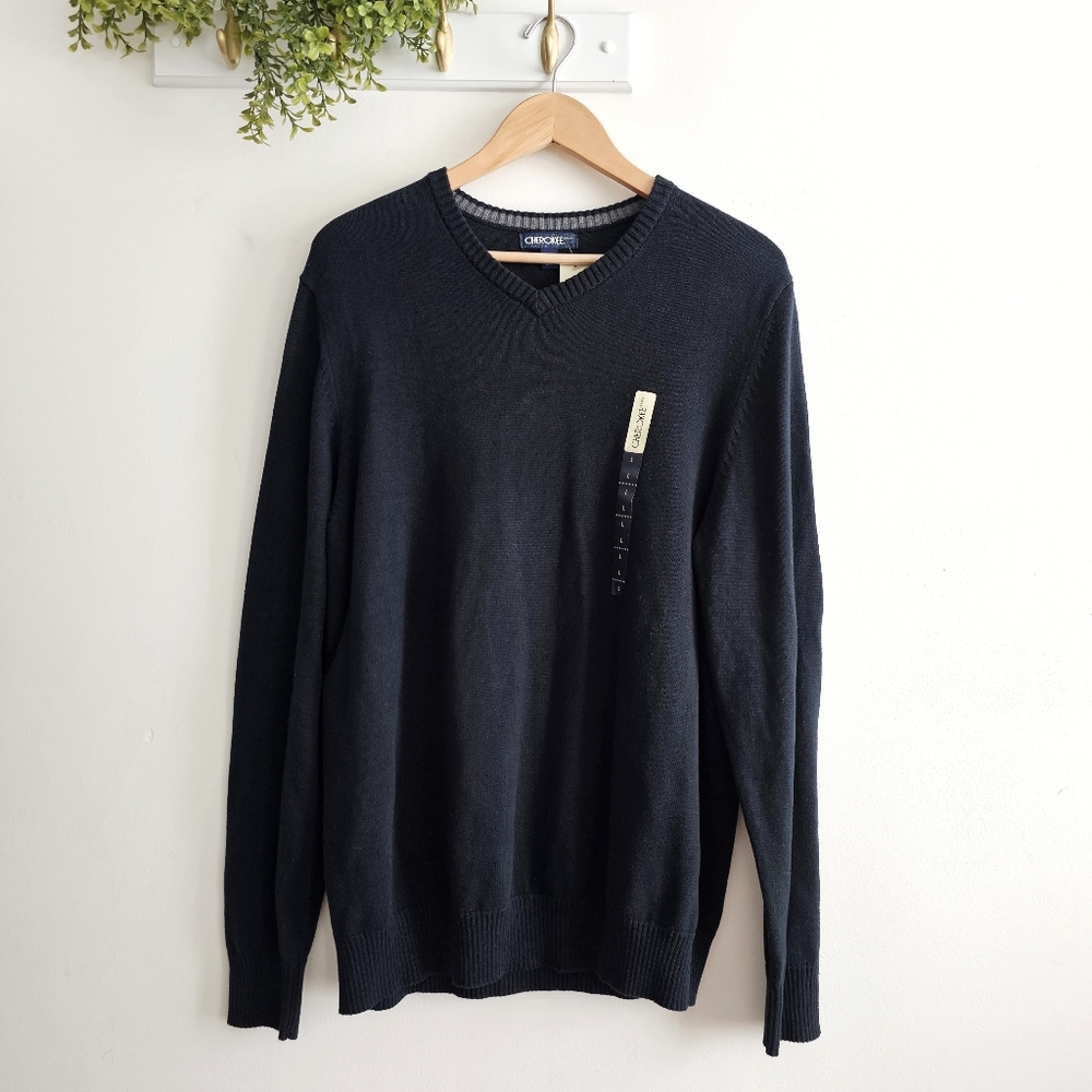 NWT CHEROKEE 100% Cotton Black Pullover V-Neck Sweater Size Large L